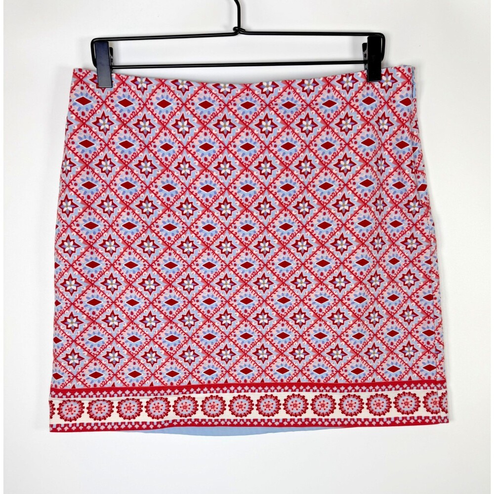 Talbots Skirt Womens 12P Petite Red Blue Geometric Print Cotton Blend‎ Lined